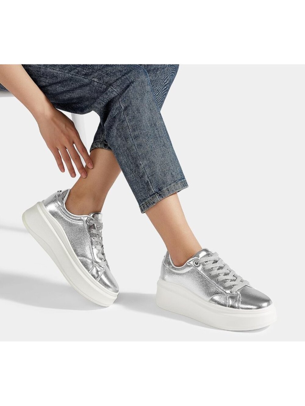 🆕Women's Silver Platform Fashion Sneakers Classic Low Top Thick Sole Casual - Picture 3 of 6